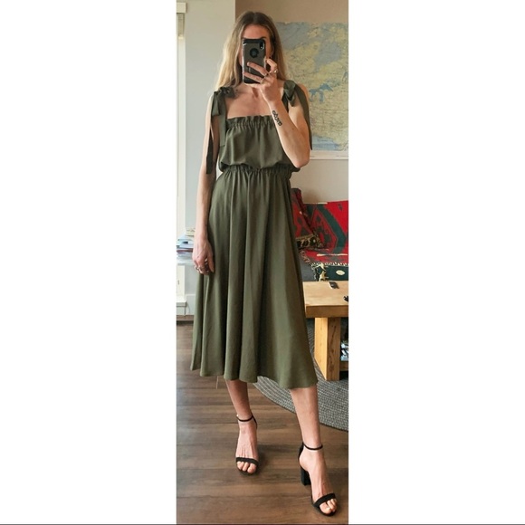 Handmade Custom Rust Clay Olive Green and Red Midi Tie Strap Rayon Ruffle Dress - Picture 11 of 16